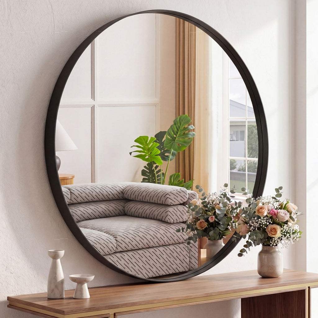 Round Wall Mirror With Brushed Aluminum Frame, Tempered Glass Bathroom Vanity Mirror in Black or Gold, 20 to 30 Inch
