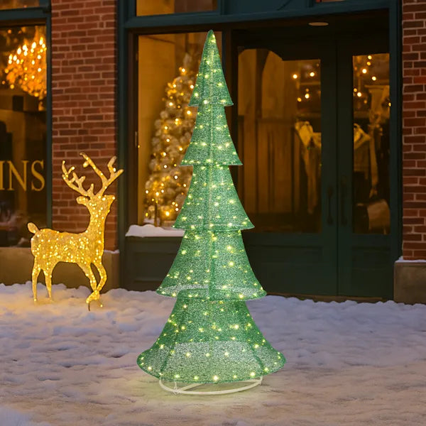 6 Ft Pre-Lit Pull Up Christmas Tree, 200 Warm White LED Lights, Green Glitter Fabric Indoor Outdoor Yard Decoration