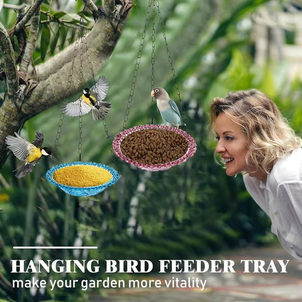 Hanging Bird Bath and Feeder Bowl, Embossed Floral Plastic Birdbath With Metal Chain for Garden and Yard, Grey or Purple