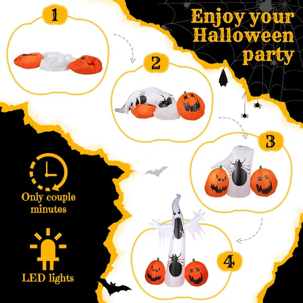 11.8 Ft Halloween Inflatable Ghost With Spider and Pumpkins, Lighted Outdoor Yard Decoration