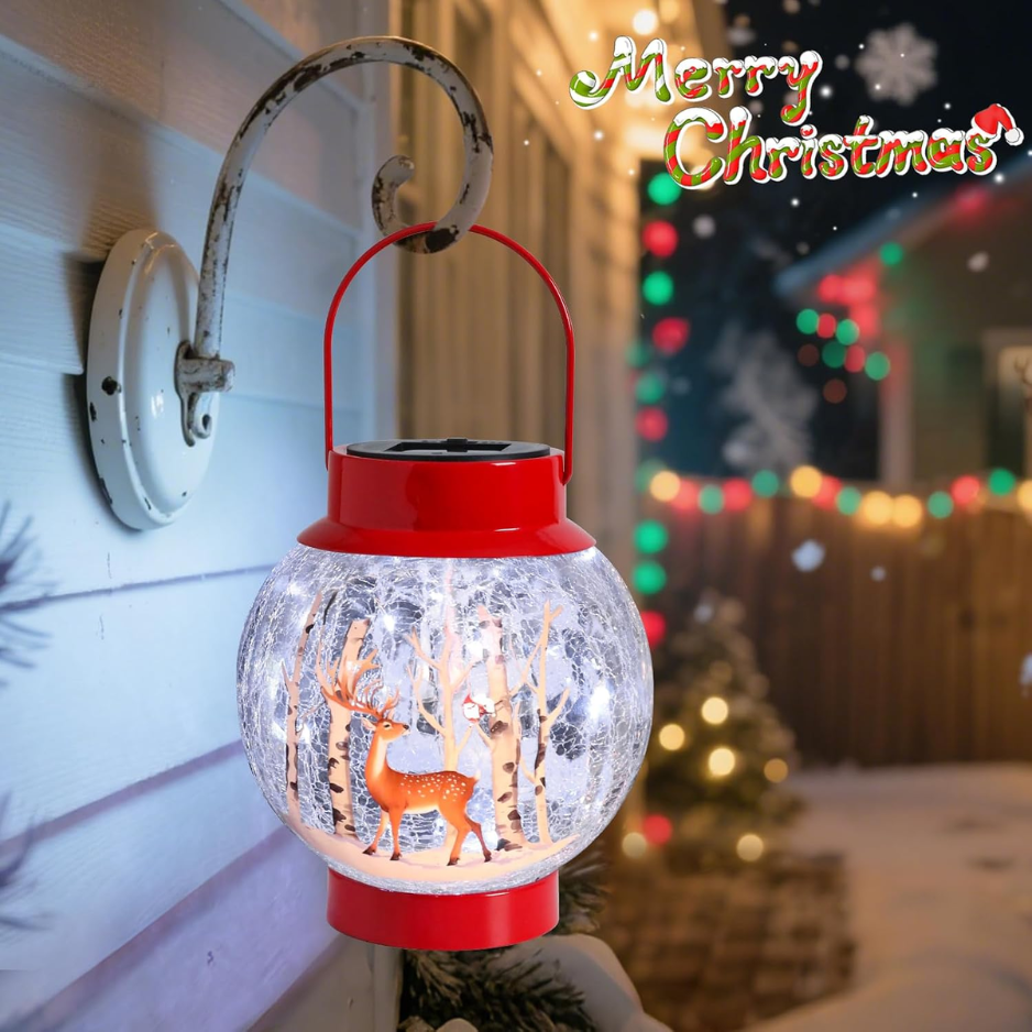 Christmas Solar Lantern With Deer and Birch Tree Scene, Red Metal and Crackle Glass Hanging Outdoor Light