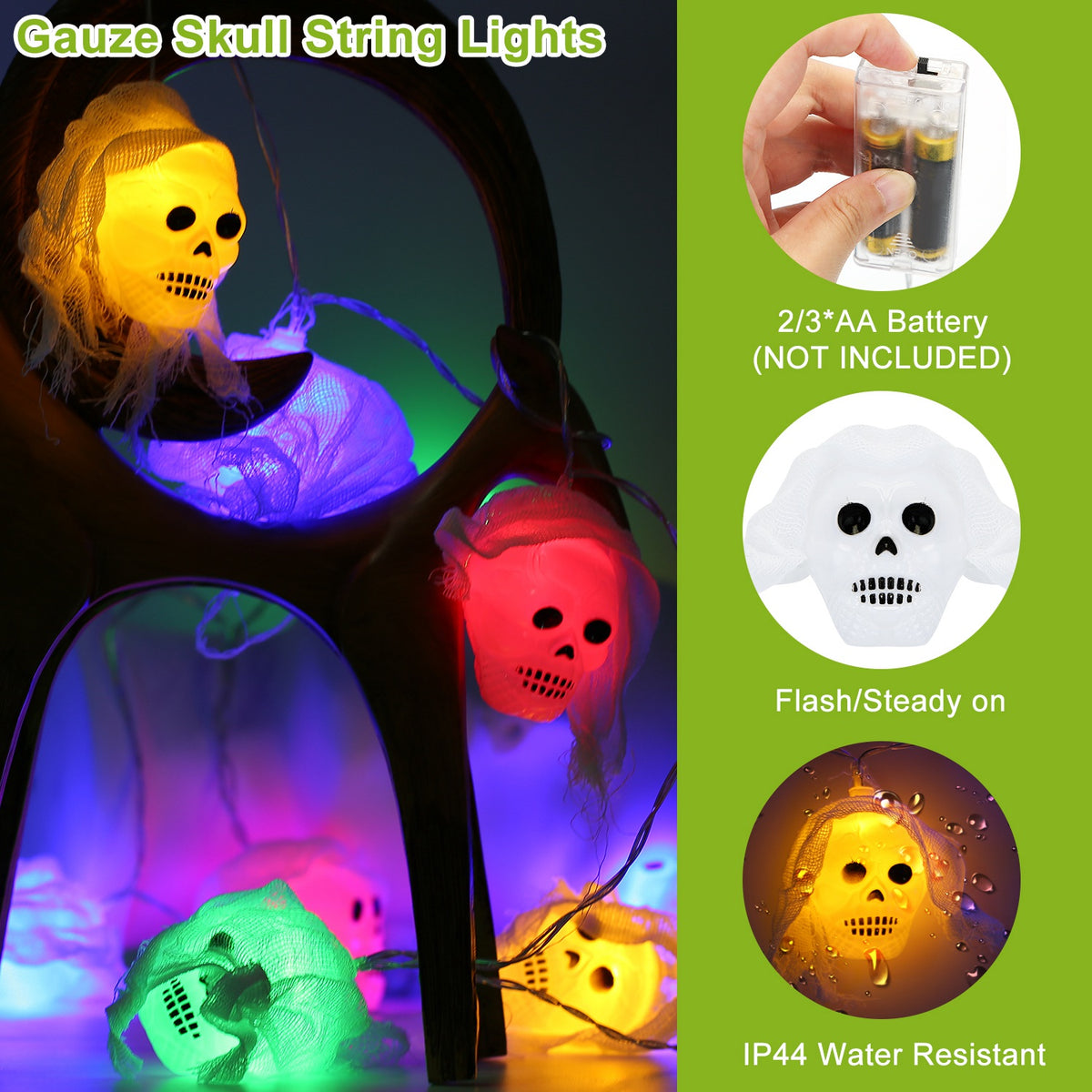 Halloween String Lights Set of 3, 50 LED 24 ft Skeleton, Skull and Spooky Hand Lights, Battery Operated Indoor Outdoor Decor
