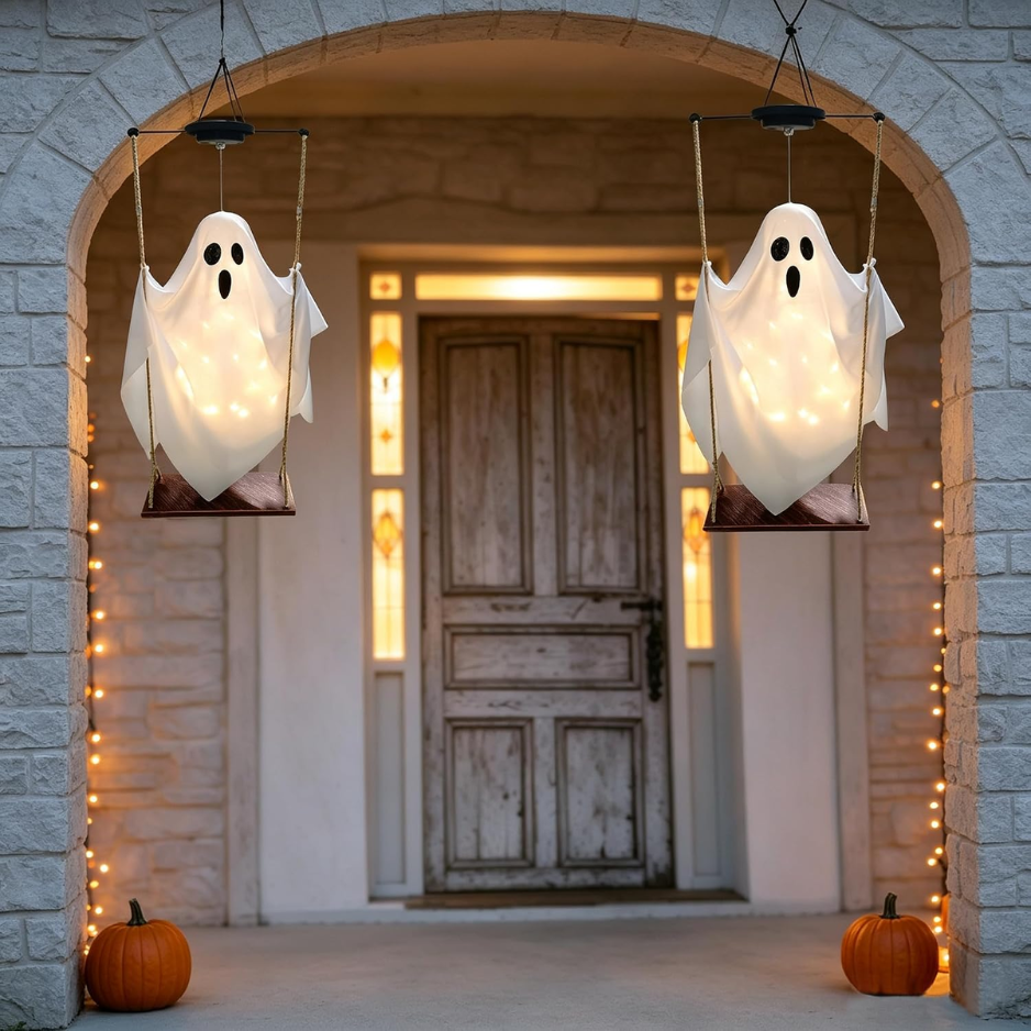 Solar Hanging Ghost Swing Halloween Decorations, 2 Pack Lighted Outdoor Ghost Decor With Warm White LED String Lights