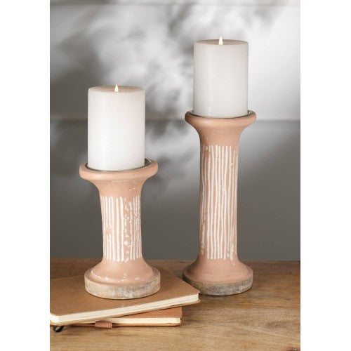Tall Clay Pillar Candle Holder, Terracotta Textured Candle Stand, 4 x 4 x 10 Inch