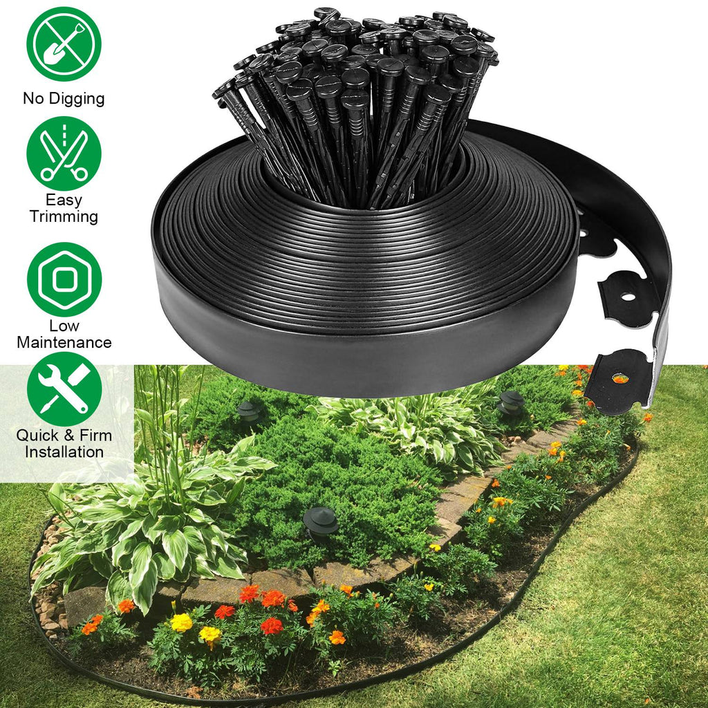 Garden Edging Kit, 32.8 ft Black Plastic Lawn Border With 30 Spikes, 2 in Tall No-Dig Landscape Edging