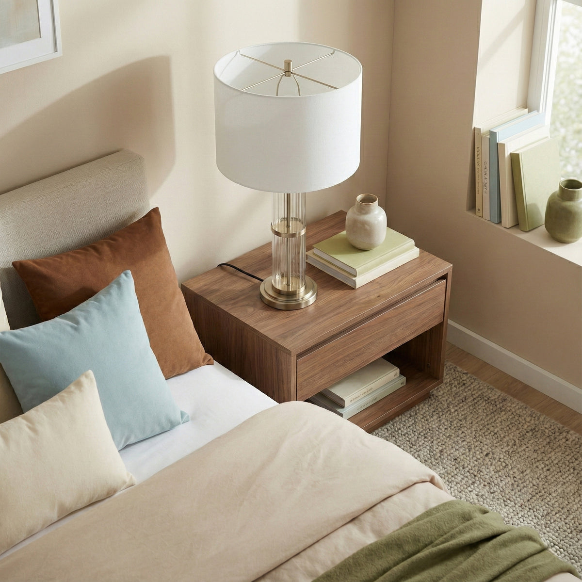Brushed Nickel Table Lamp With Clear Glass Body, White Linen Drum Shade, 30 In. Bedside Lamp