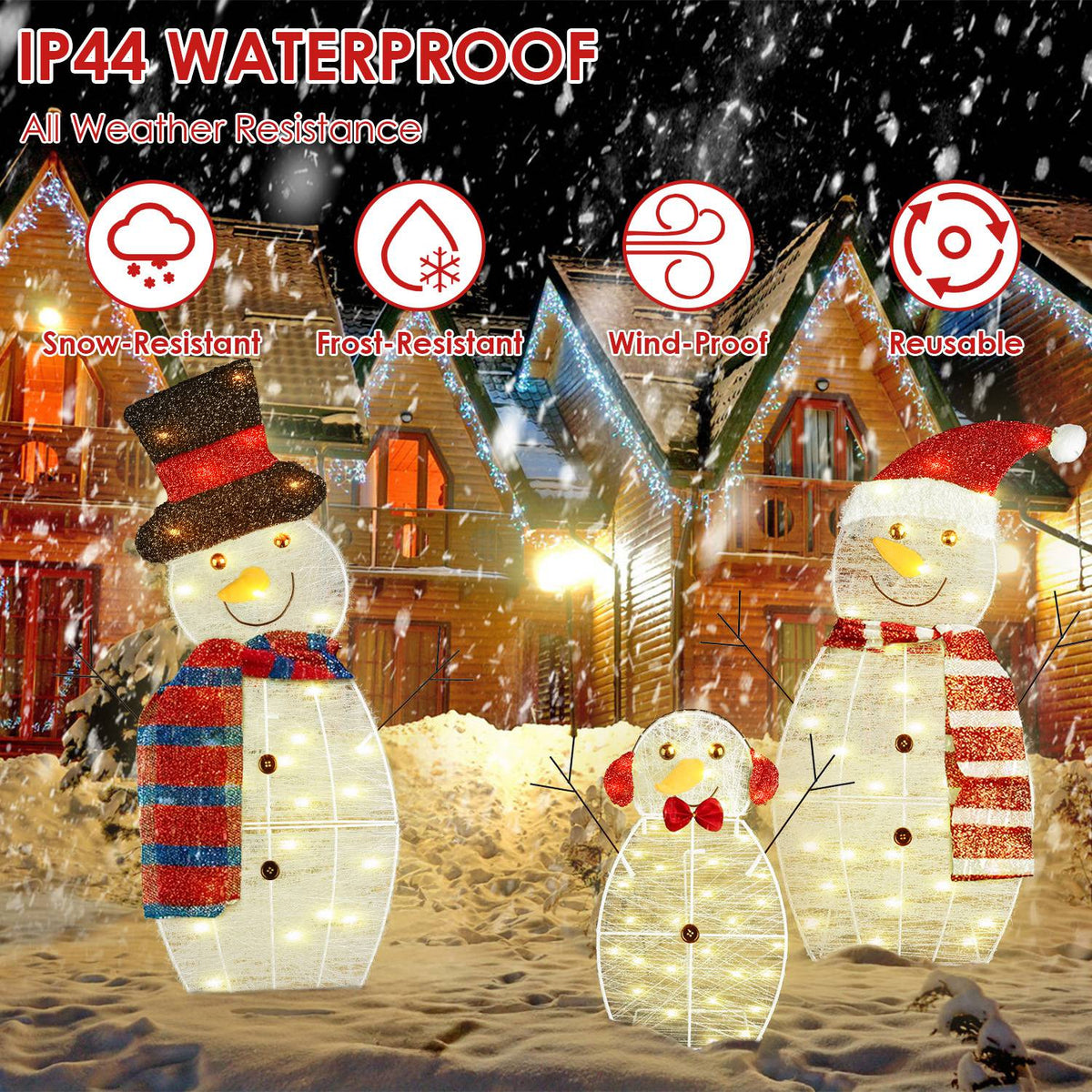 Lighted Snowman Family Yard Decoration, 3 Piece 2D Christmas Snowmen With 60 Warm White LED Lights, Indoor Outdoor Display