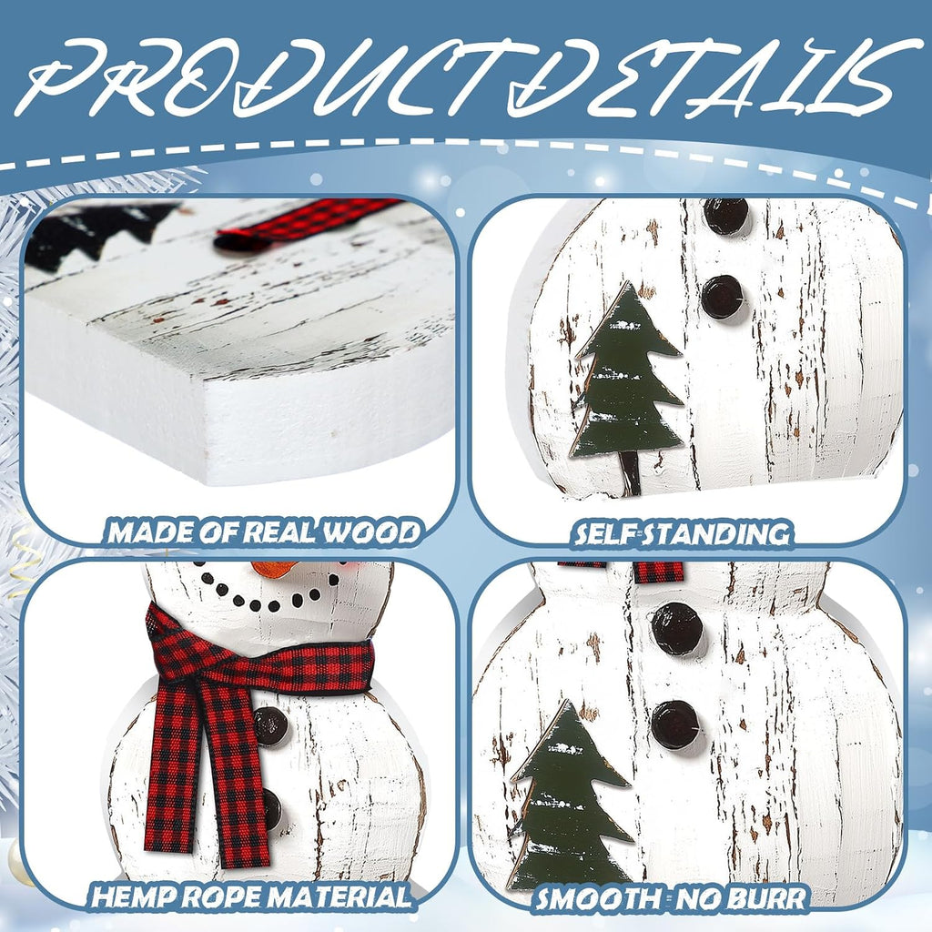 Wooden Snowman Christmas Decorations, Set of 3 Rustic Tabletop Figurines With Plaid Scarves for Mantel and Shelf