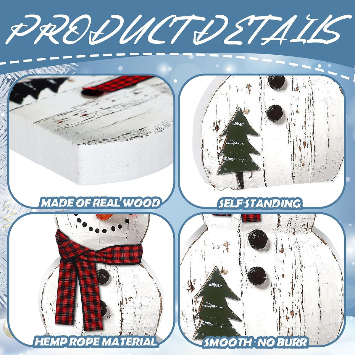Wooden Snowman Christmas Decorations, Set of 3 Rustic Tabletop Figurines With Plaid Scarves for Mantel and Shelf