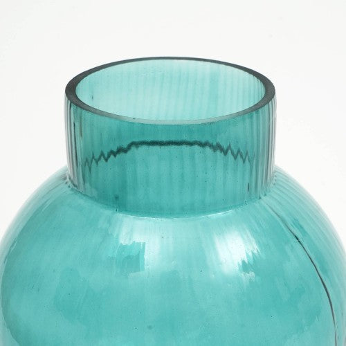 Ribbed Glass Vase, 5 x 12 Inch Tall Teal Green Decorative Flower Vase for Floral Arrangements and Centerpieces