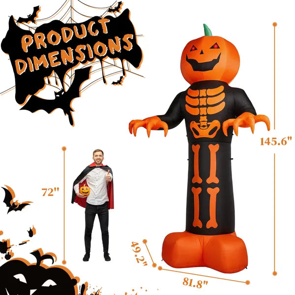 12 Ft Inflatable Halloween Pumpkin Skeleton Reaper Yard Decoration With LED and String Lights, Black and Orange