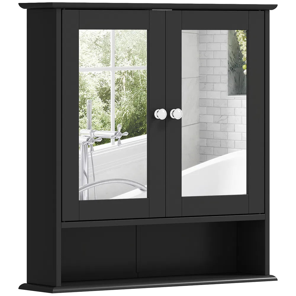 Wall-Mounted Bathroom Mirror Cabinet with Double Doors, Adjustable Shelf and Open Shelf, Black Medicine Cabinet, 22" x 22.75"