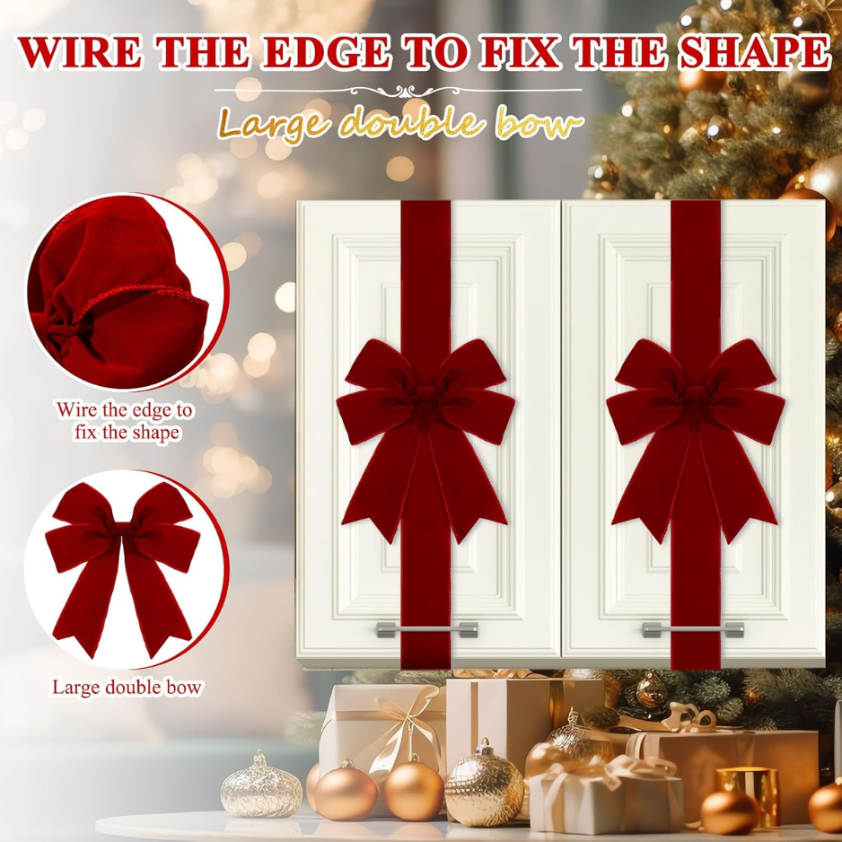 Burgundy Velvet Christmas Cabinet Bows, Set of 6 Large Door Bows With 78.7 Inch Ribbons for Kitchen and Holiday Decor