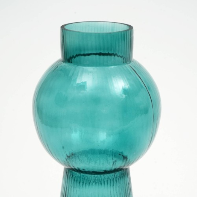 Ribbed Glass Vase, 5 x 12 Inch Tall Teal Green Decorative Flower Vase for Floral Arrangements and Centerpieces