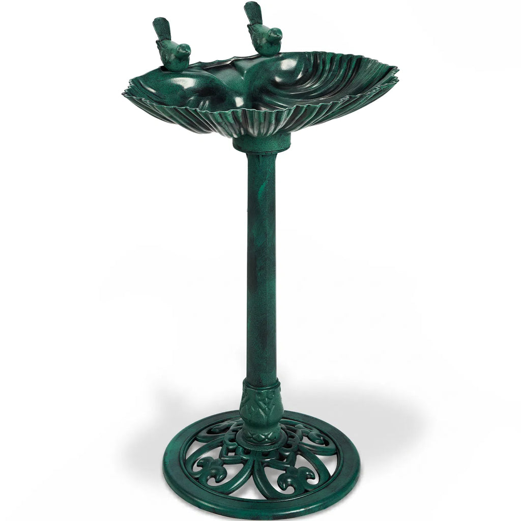 Resin Bird Bath With Solar Fountain, Dark Green Shell-Edge Basin on Pedestal, 1.4W Solar Pump, Outdoor Garden Decor