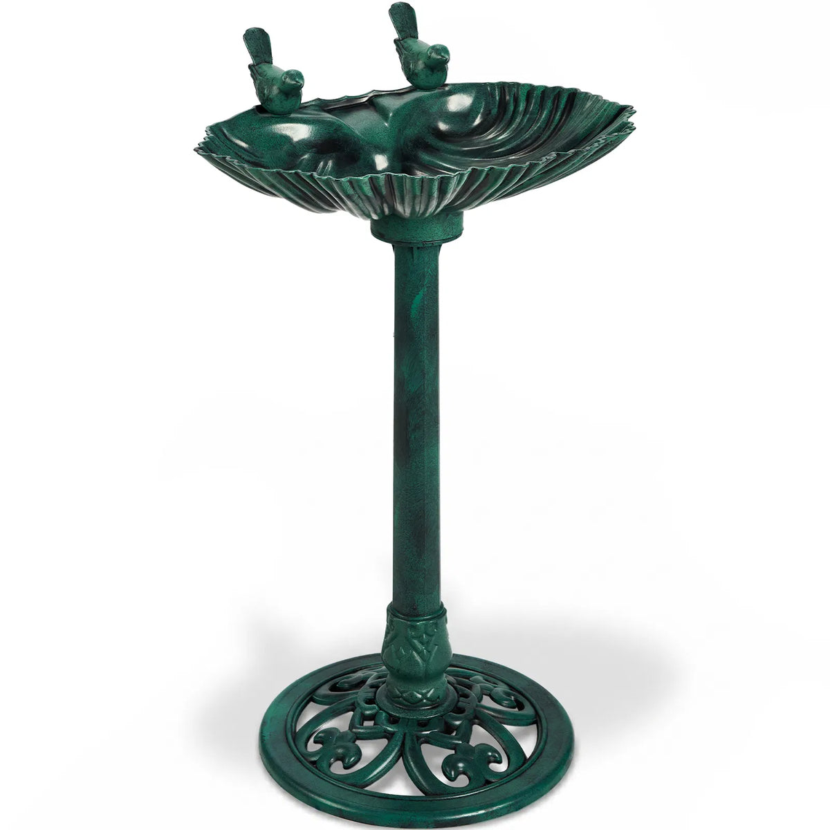 Resin Bird Bath With Solar Fountain, Dark Green Shell-Edge Basin on Pedestal, 1.4W Solar Pump, Outdoor Garden Decor
