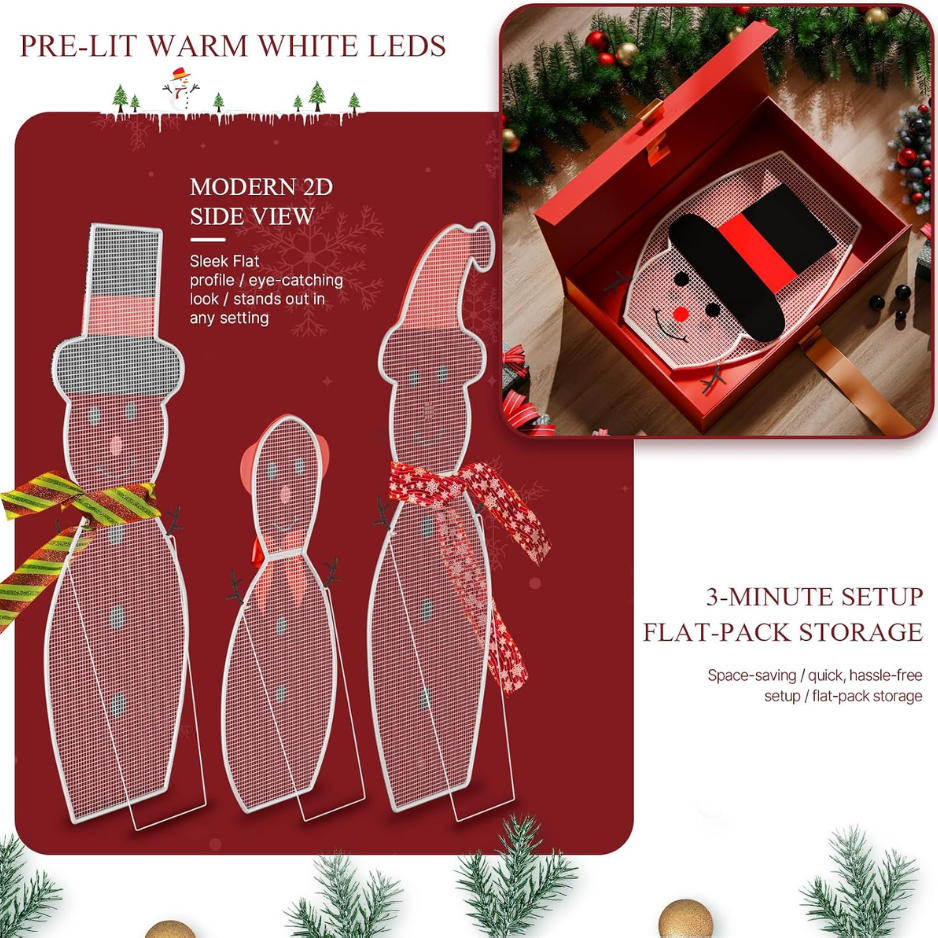 Lighted Snowman Family Christmas Yard Decorations, Set of 3 With 180 LED Lights, Metal Frame Outdoor Holiday Lawn and Porch Decor