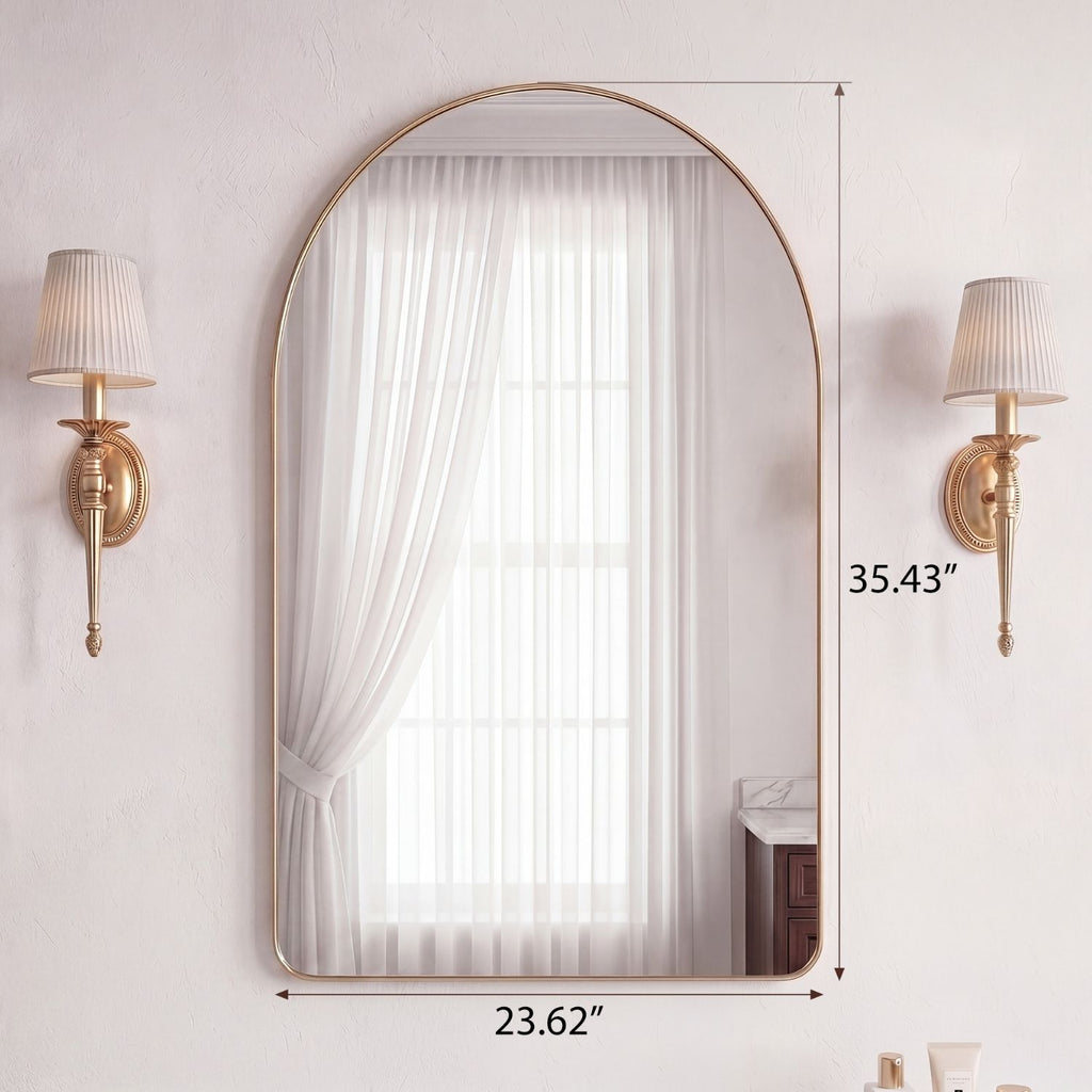 Arched Wall Mirror with Matte Metal Frame, Black or Gold, Modern Bathroom Vanity Mirror for Living Room and Entryway