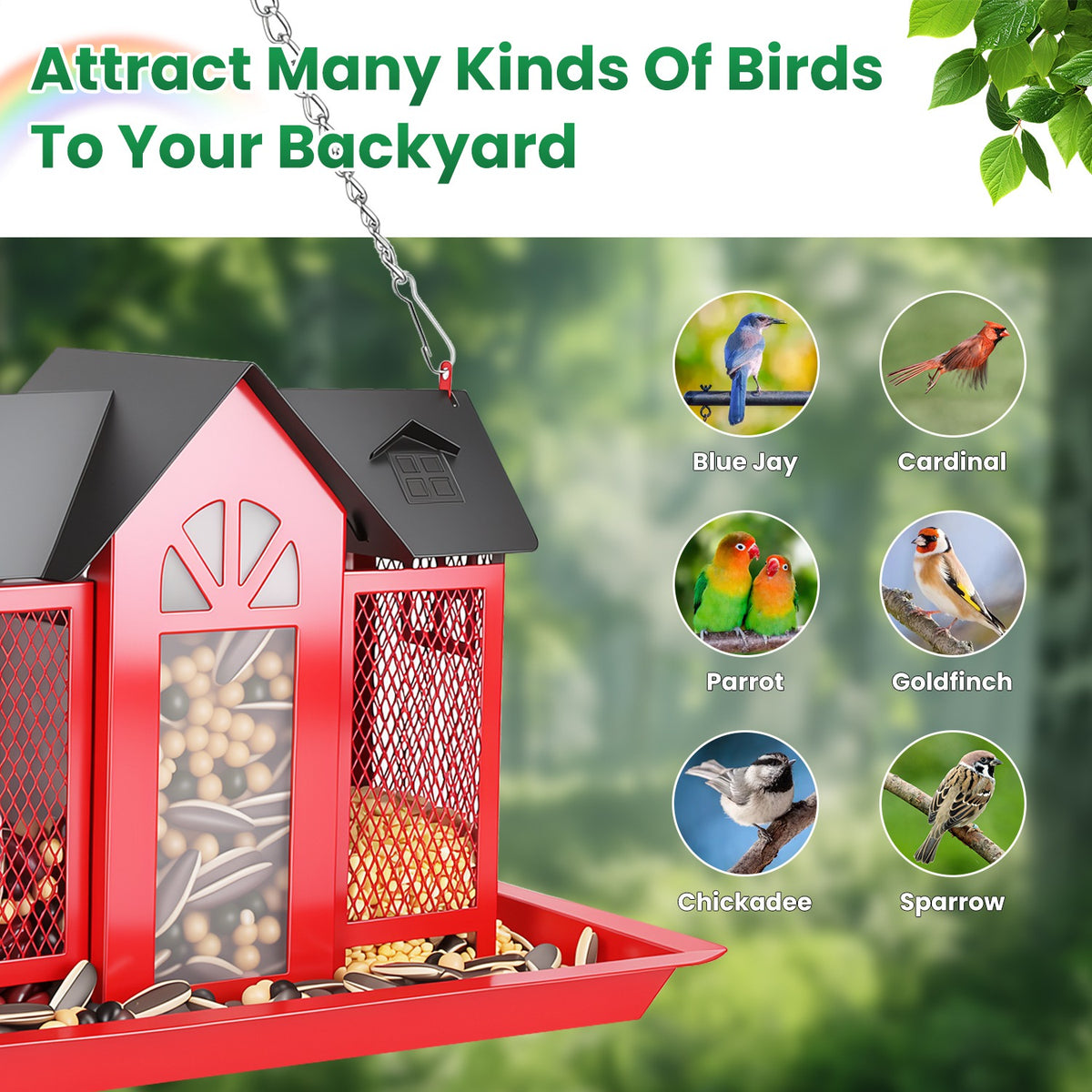 Metal Hanging Bird Feeder House, Barn Style Iron Wild Bird Seed Feeder with Visible Window and Lift-Top Lid, 15.75 in Chain, White or Red