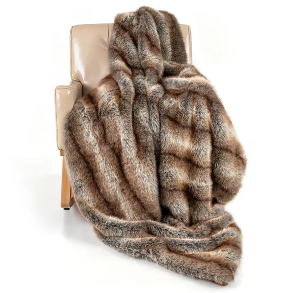 Faux Fur Throw Blanket, 60" x 80" Brown Taupe Fox Fur Blanket With Reversible Fleece Lining