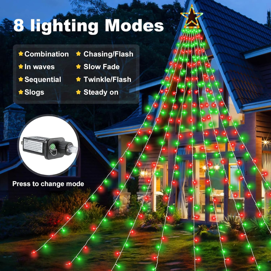 Christmas Tree Waterfall Lights, 317 LED Red and Green String Lights With Star Topper, 9 Strands, 11.5 ft, IP44 Outdoor
