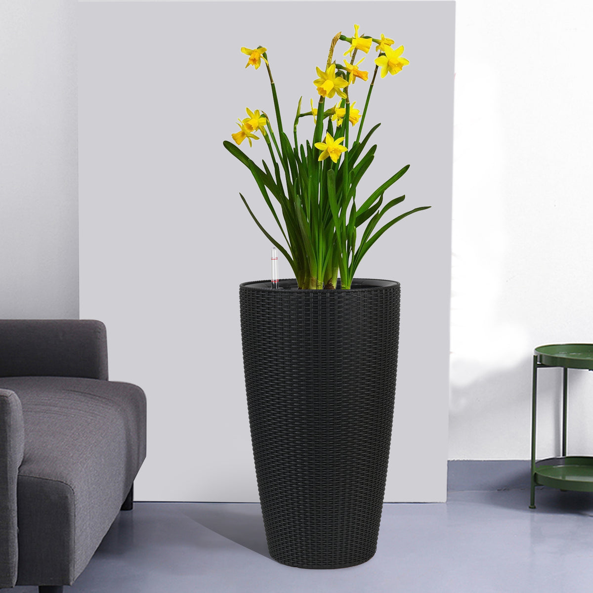 Self-Watering Tall Planters Set of 2, Black Faux Rattan 22 Inch Indoor Outdoor Flower Pots With Water Level Indicator