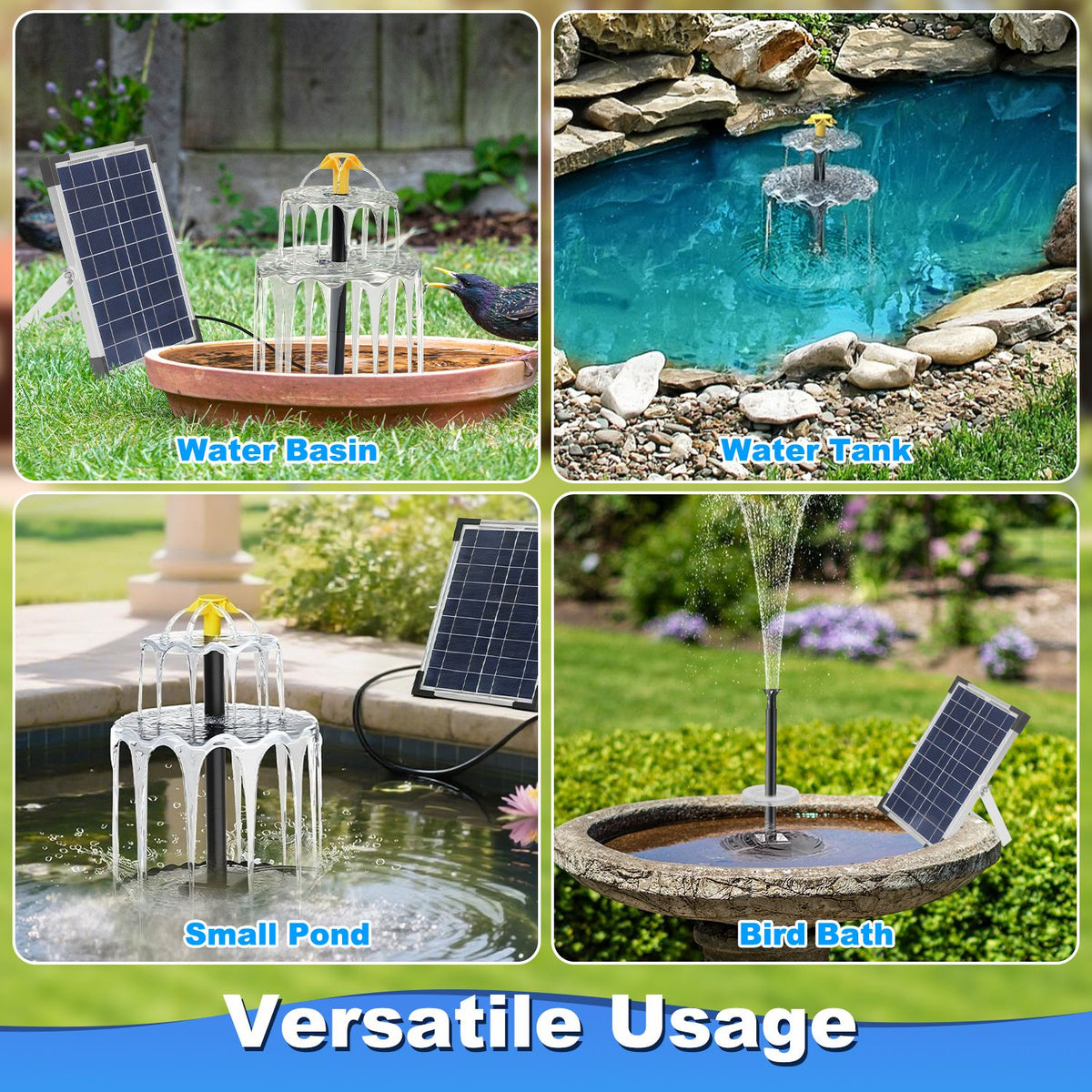 Solar Bird Bath Fountain With 3-Tier Waterfall, LED Lights and 6W Solar Panel, 3 Nozzles for Pond, Patio and Garden