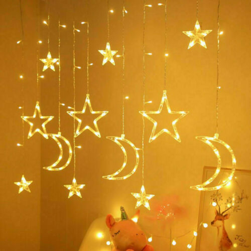 LED Christmas Curtain String Lights, Star Bell Tree and Reindeer Window Fairy Lights, Battery or USB Powered