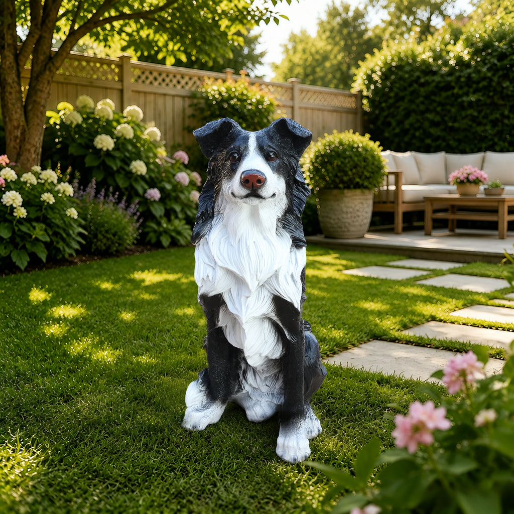 Border Collie Dog Statue, Black and White Resin Garden Greeter Sculpture, 17 in Tall Indoor Outdoor Decor