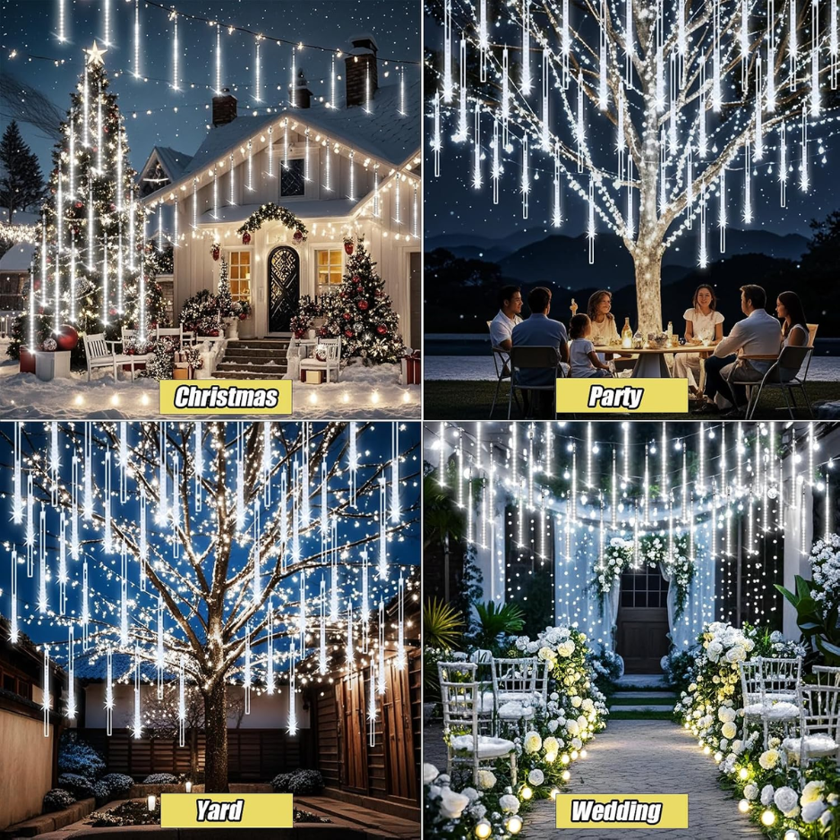 Meteor Shower Lights Outdoor, 8 Tubes 192 LED Falling Rain Icicle String Lights, 12 Inch Cascading Snow Lights, White