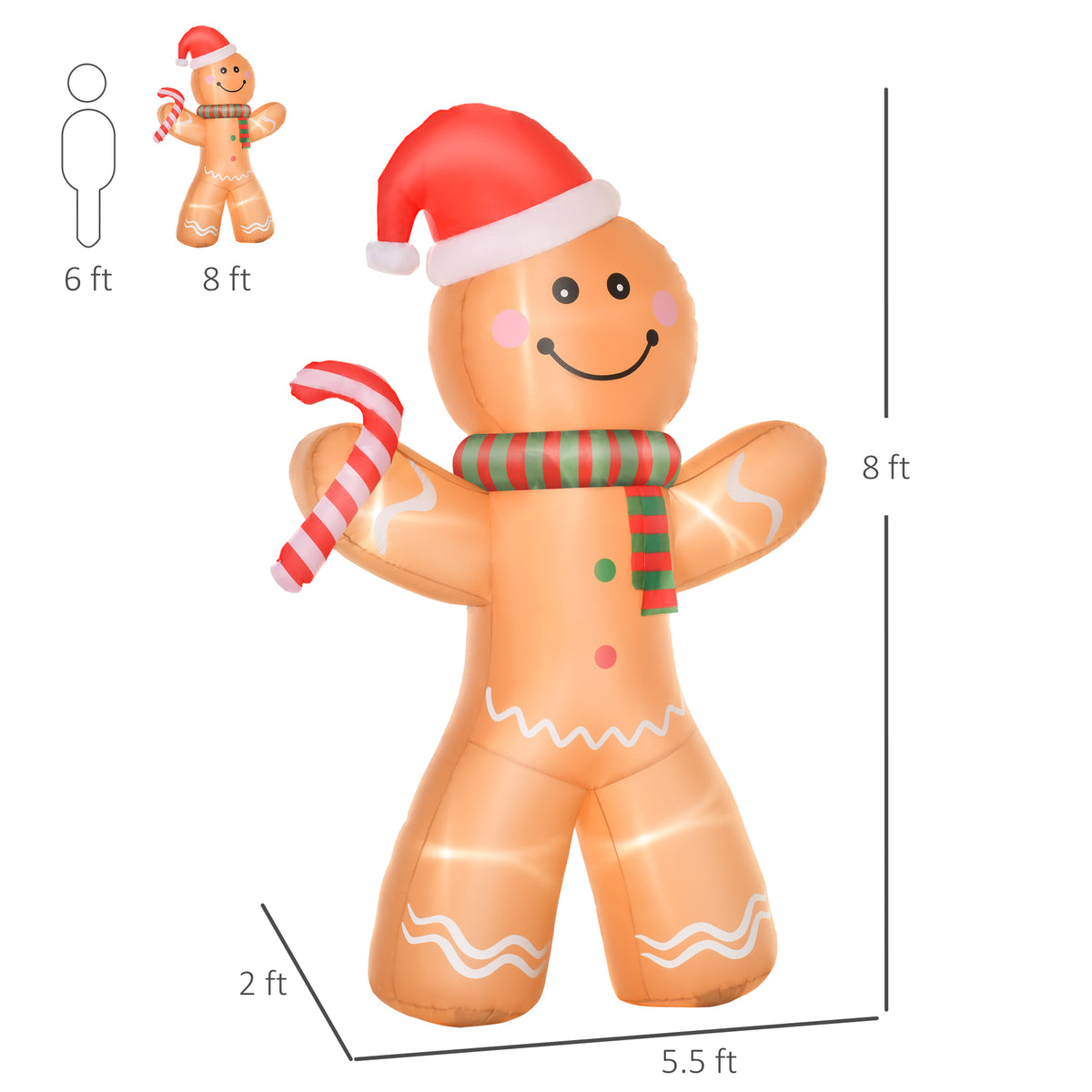8 Ft Christmas Inflatable Gingerbread Man With Candy Cane, LED Lighted Outdoor Yard Decoration