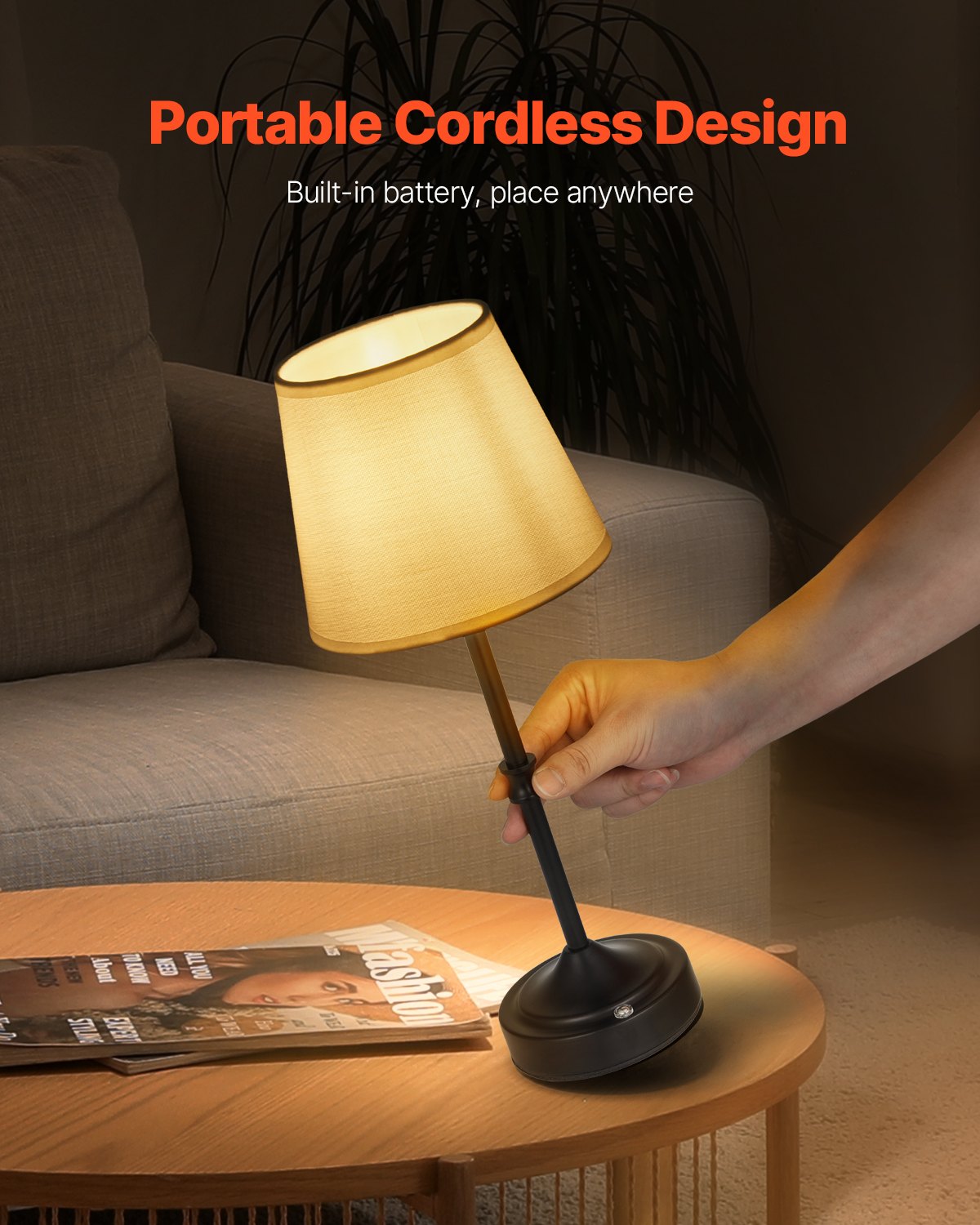 Cordless Table Lamp With Rechargeable Battery, Black Metal Base, White Fabric Shade, 3 Brightness Levels