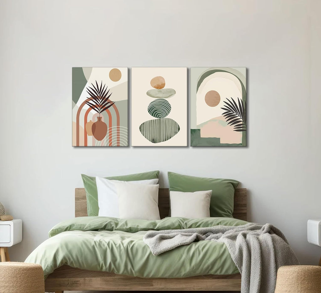 Boho Abstract Canvas Wall Art Set of 3, Framed Sage Green Botanical Prints, 12 x 16 in, Ready to Hang