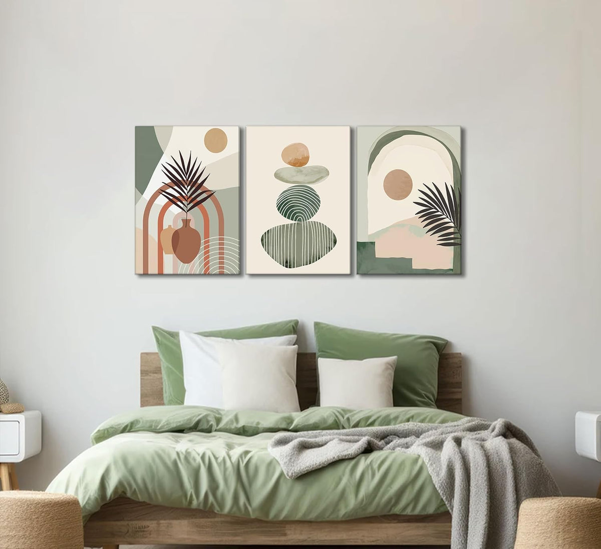 Boho Abstract Canvas Wall Art Set of 3, Framed Sage Green Botanical Prints, 12 x 16 in, Ready to Hang