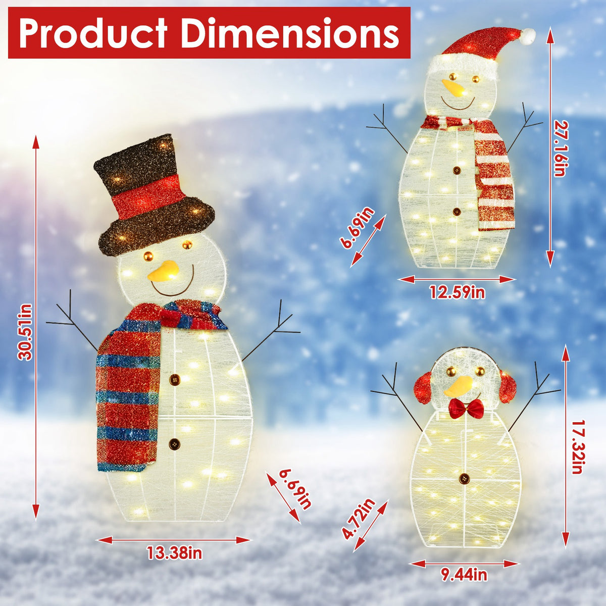 Lighted Snowman Family Yard Decoration, 3 Piece 2D Christmas Snowmen With 60 Warm White LED Lights, Indoor Outdoor Display