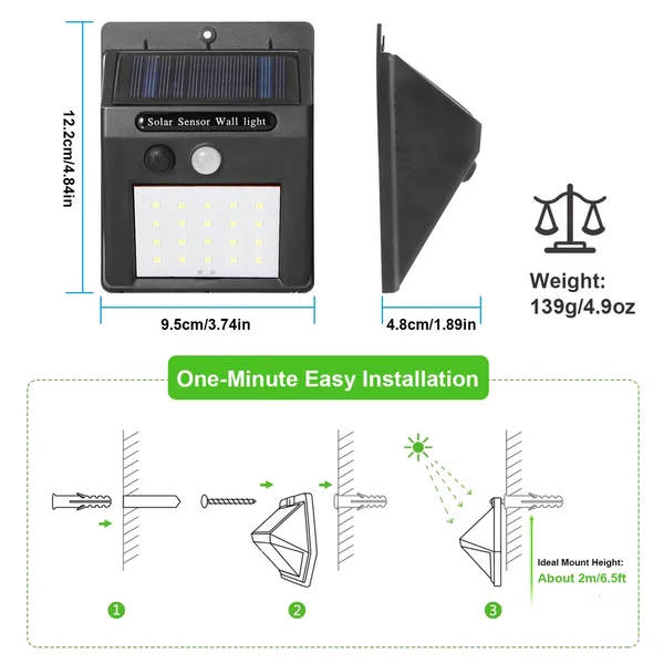Solar Motion Sensor Outdoor Wall Light, 20 LED Black Security Lamp, IP65 Waterproof Wireless Patio Light
