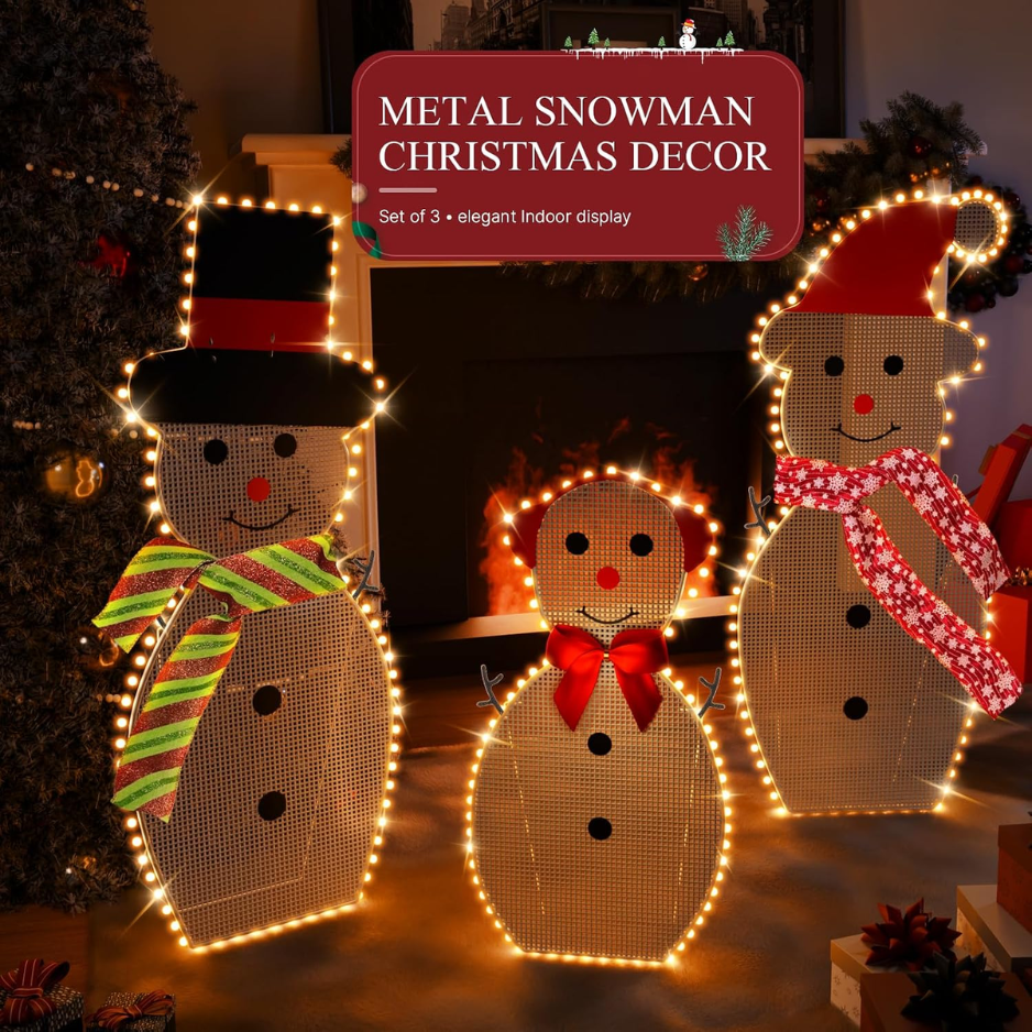 Lighted Snowman Family Christmas Yard Decorations, Set of 3 With 180 LED Lights, Metal Frame Outdoor Holiday Lawn and Porch Decor
