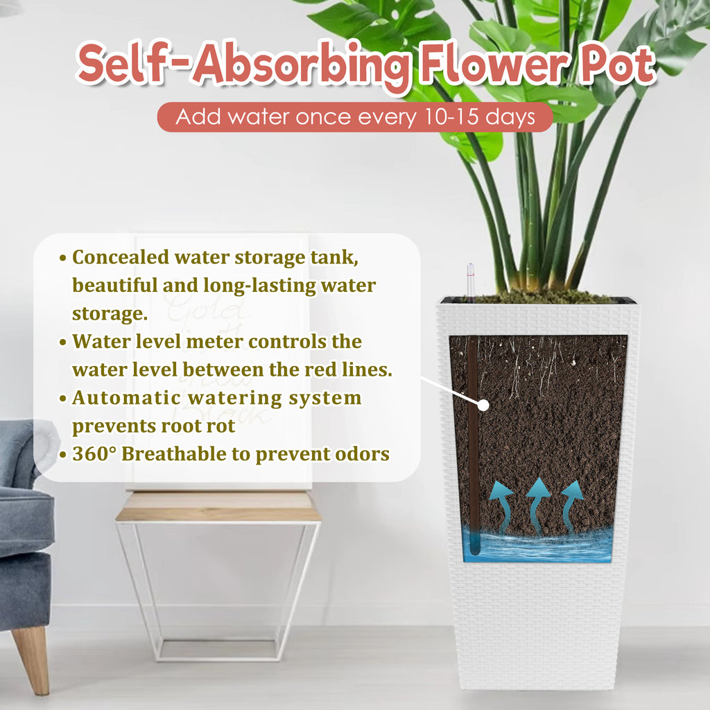 30 In Tall Self-Watering Planter, White Square Polypropylene Plant Pot With Water Level Monitor and Inner Bucket