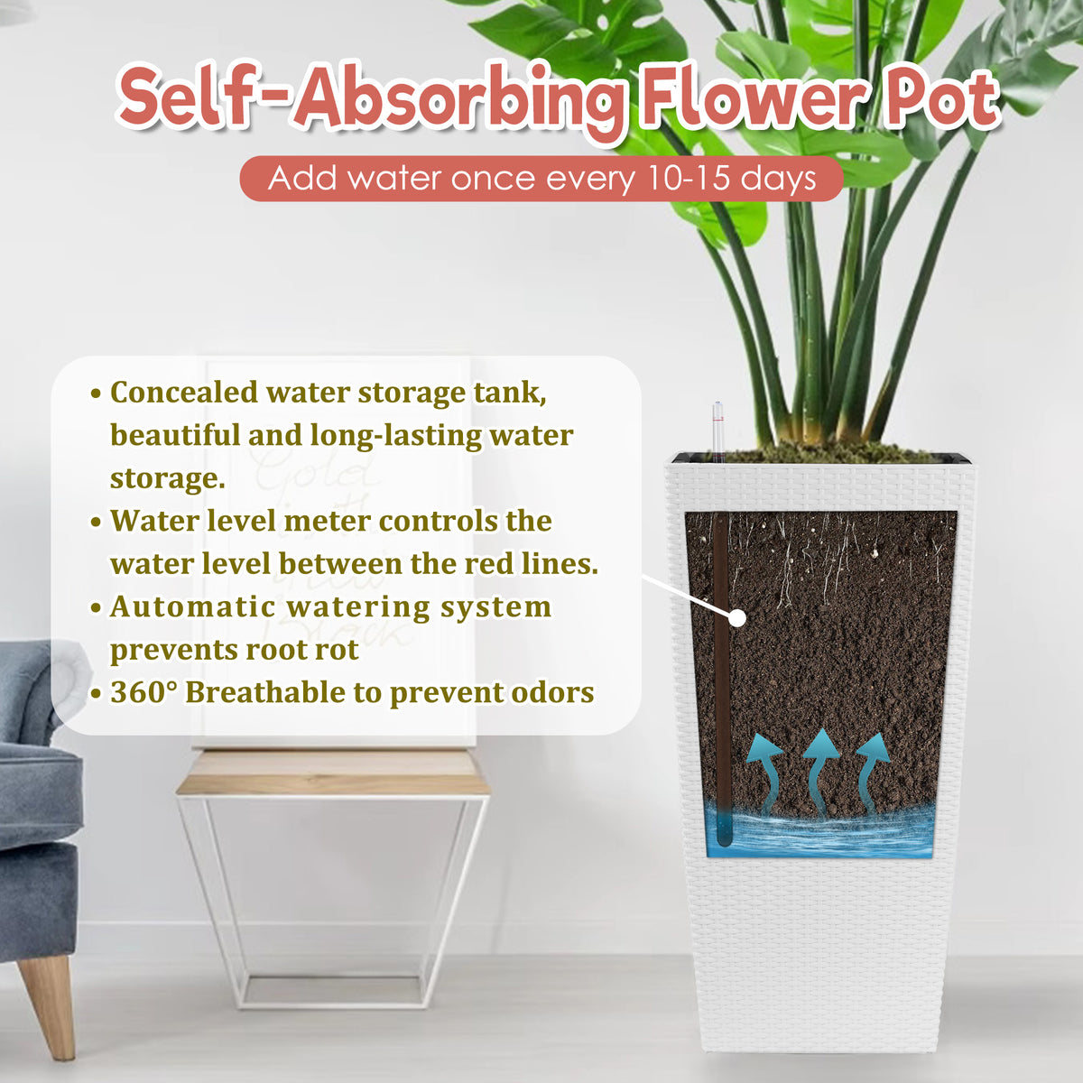 30 In Tall Self-Watering Planter, White Square Polypropylene Plant Pot With Water Level Monitor and Inner Bucket