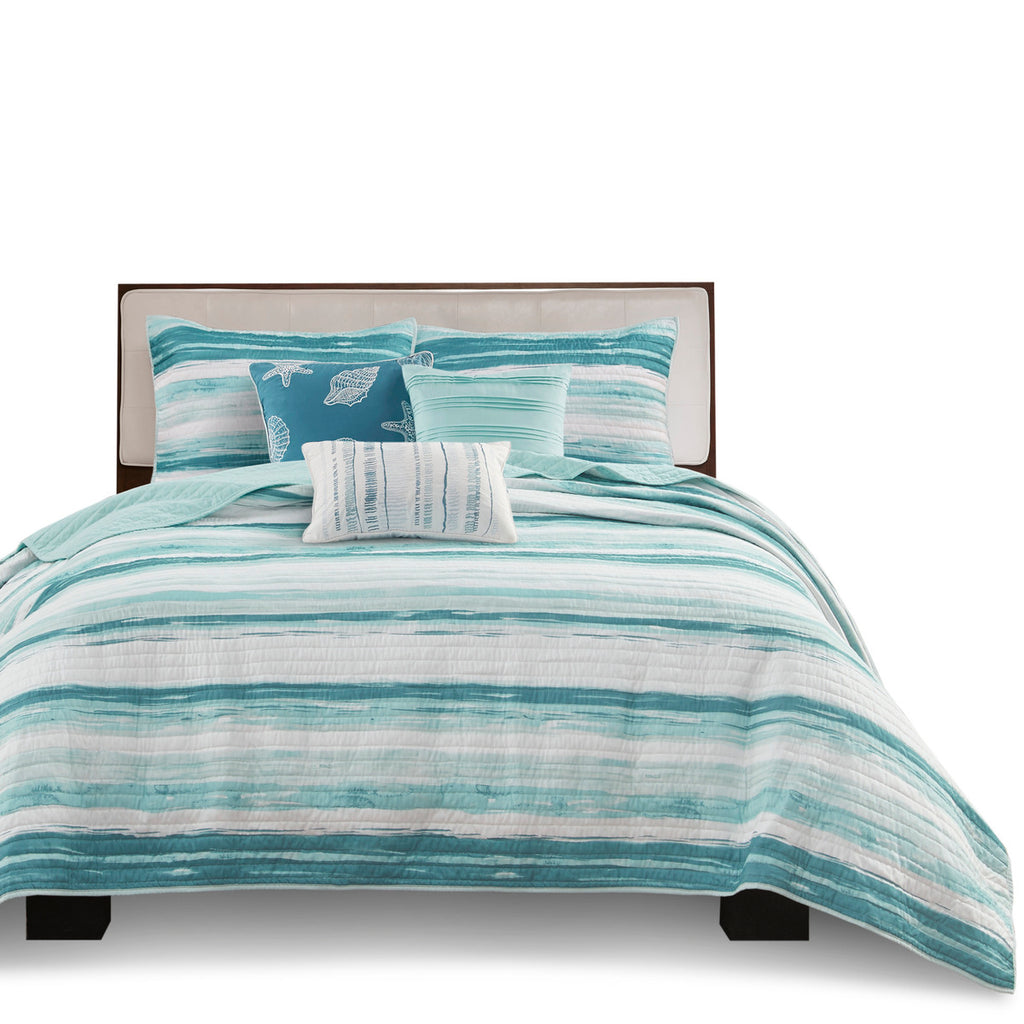 6 Piece Printed Quilt Set With Throw Pillows, Aqua Coastal Cotton Bedding, Full/Queen