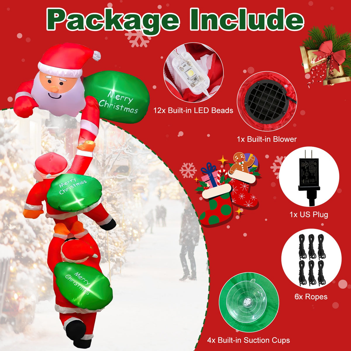 8 Ft Climbing Santa Claus Christmas Inflatable With LED Lights, Hanging Blow Up Outdoor Yard Decoration, 3 Santas and 3 Merry Christmas Bags