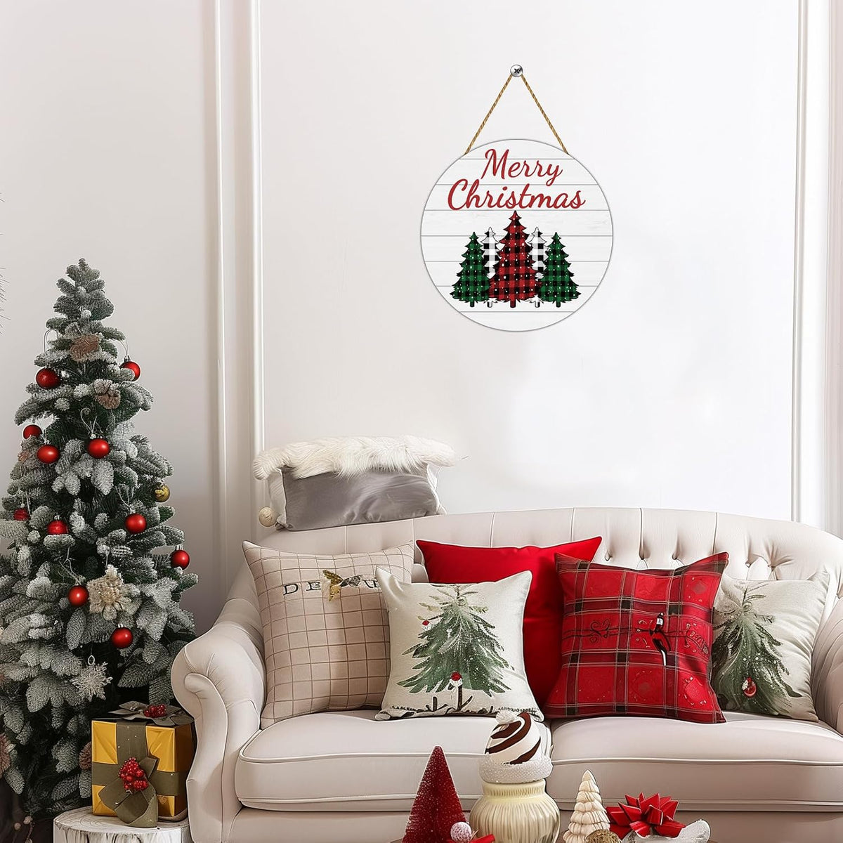 Merry Christmas Round Wood Door Sign, 12 Inch Buffalo Plaid Christmas Tree Wall Hanging Decor with Hemp Rope
