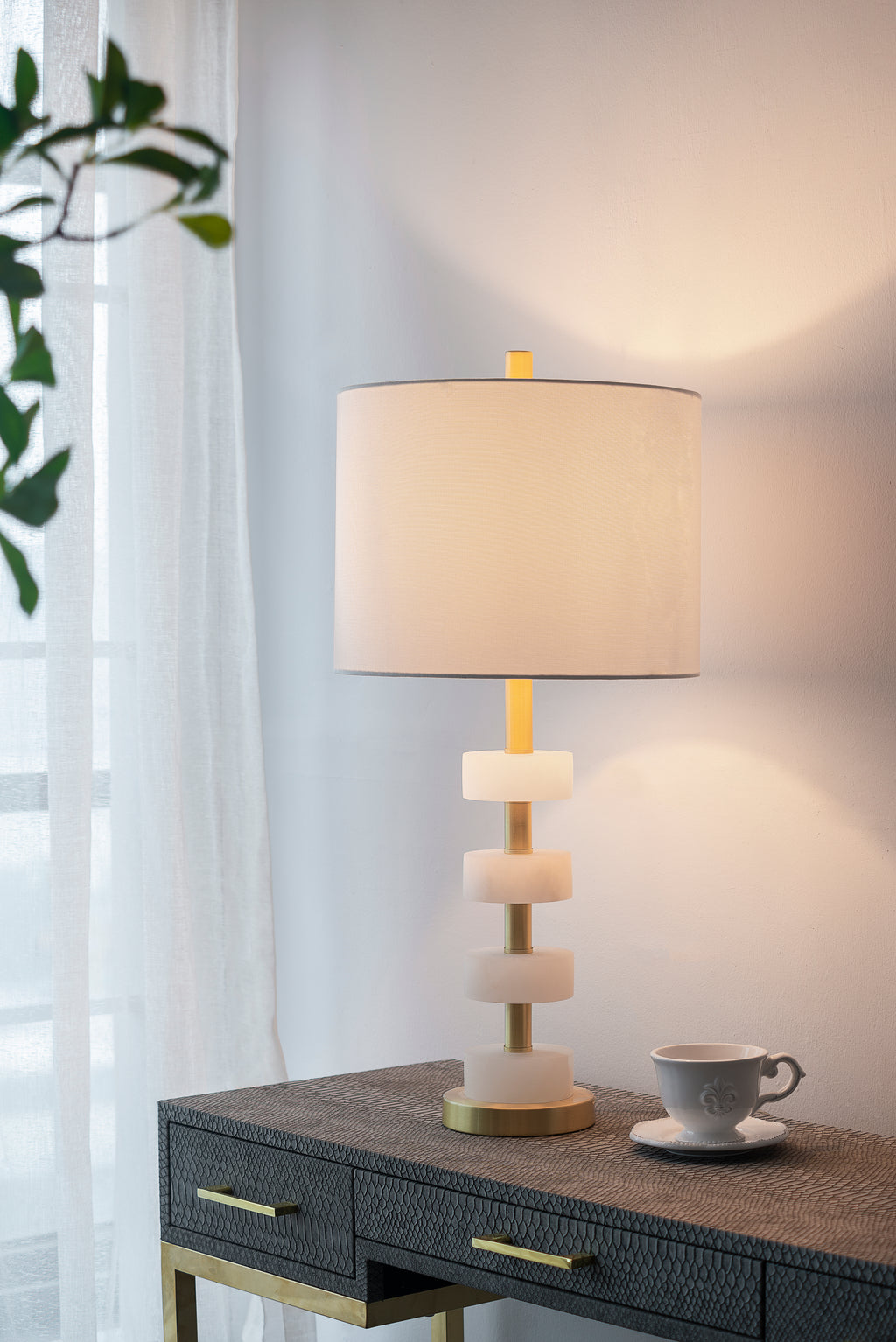 Marble Table Lamp With Stacked Disc Base, White and Gold Drum Shade Accent Lamp, 13 x 13 x 26 in