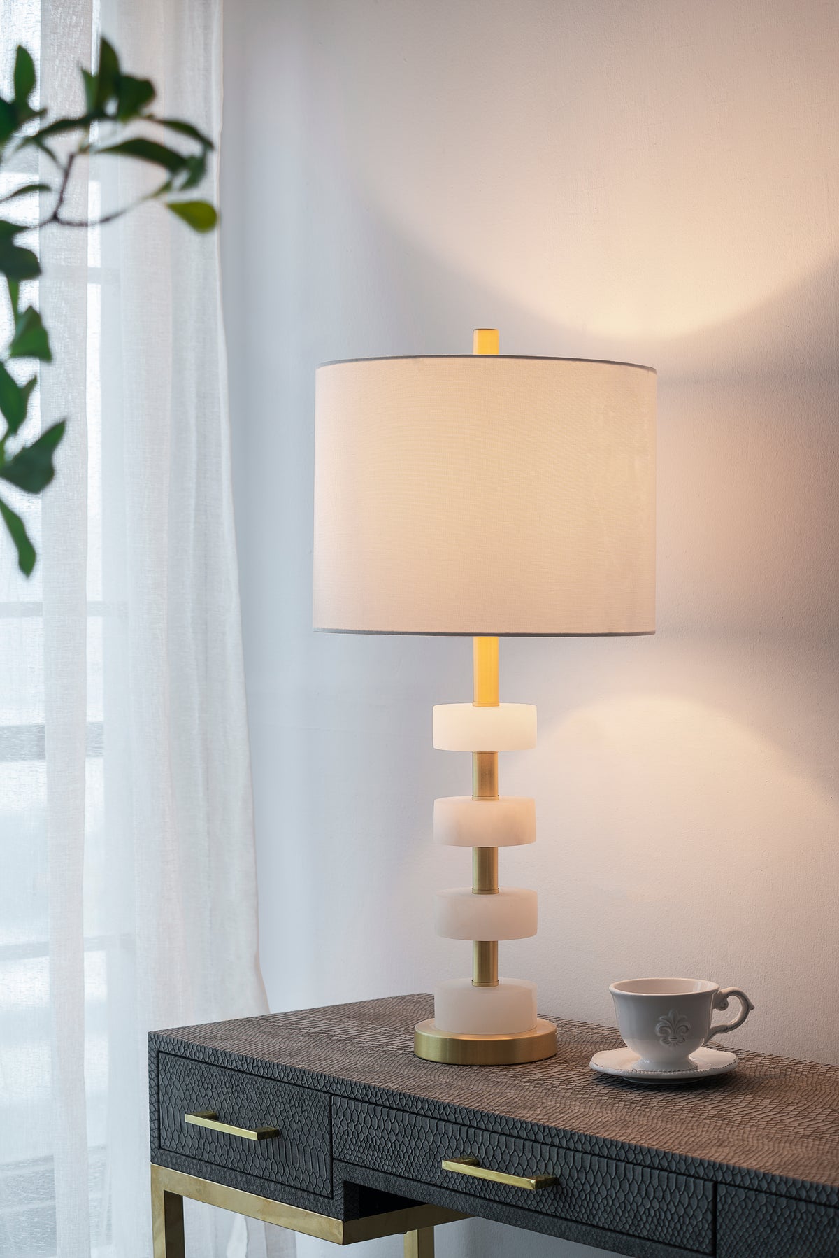 Marble Table Lamp With Stacked Disc Base, White and Gold Drum Shade Accent Lamp, 13 x 13 x 26 in