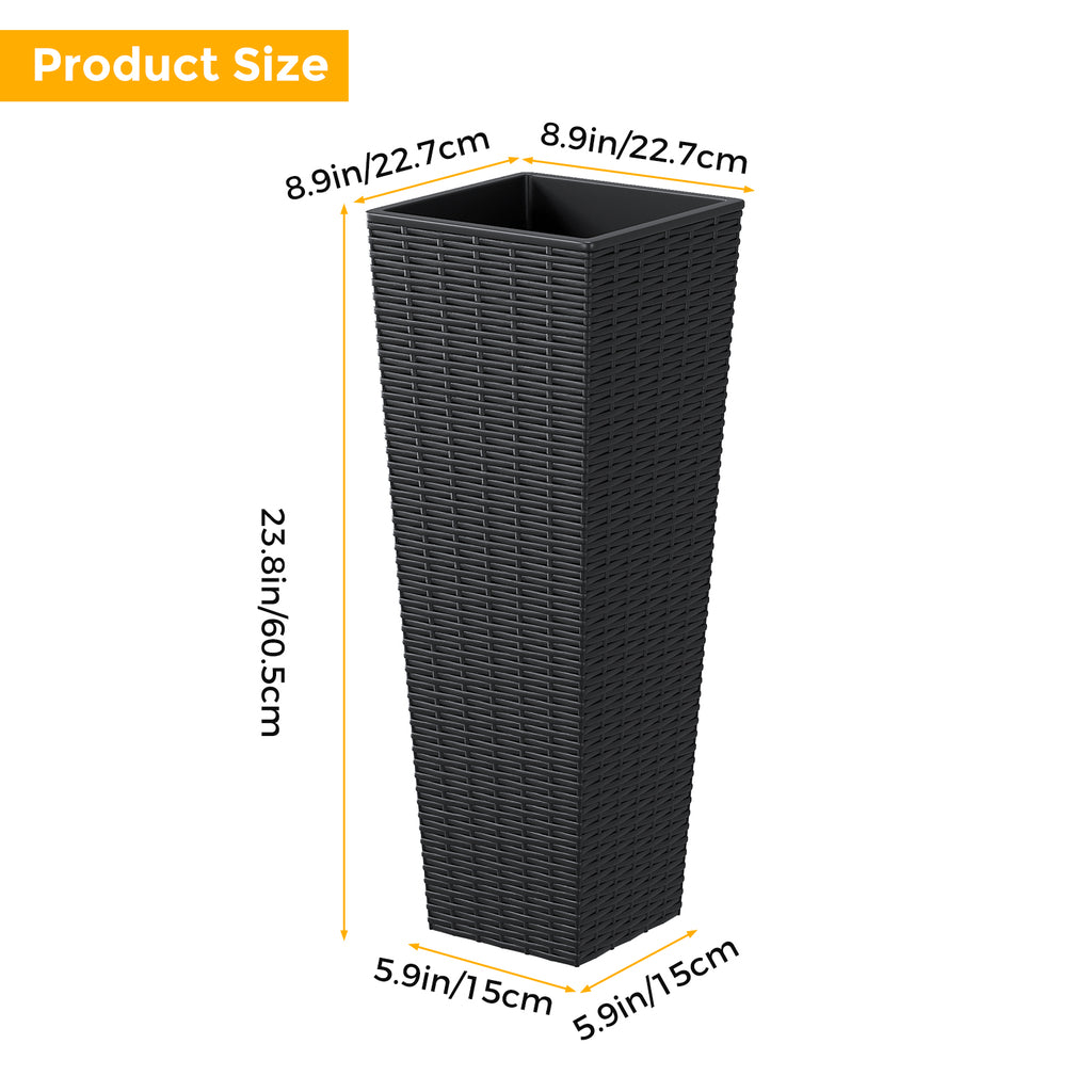 Tall Resin Planters, Set of 2 Black Rattan Look Tapered Flower Pots With Drainage Holes and Removable Inner Pot