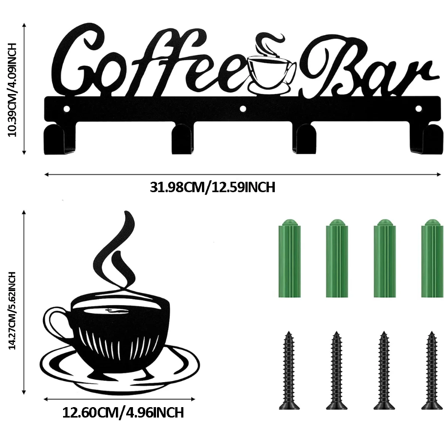 Coffee Bar Wall Hook Rack With 4 Hooks and Coffee Cup Wall Decor, Black Metal Kitchen Organizer