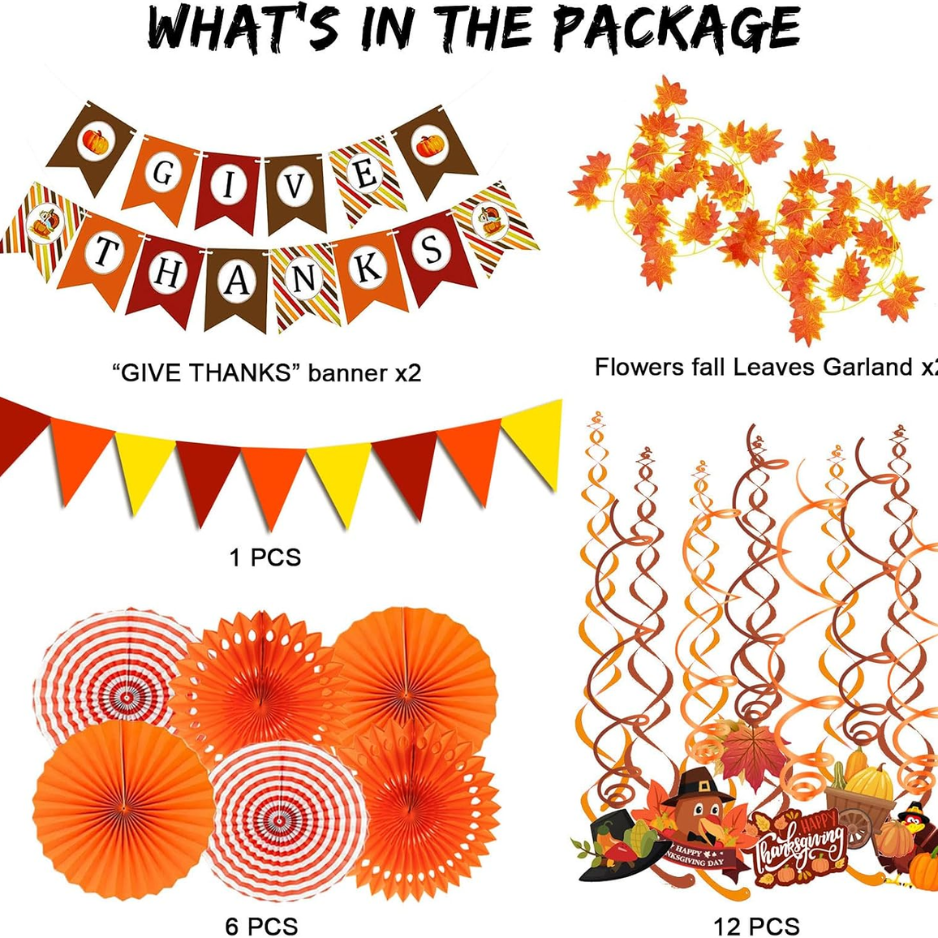 Thanksgiving Party Decoration Set, Give Thanks Banner, Paper Fans, Maple Leaf Garlands, Swirl Streamers and Triangle Bunting