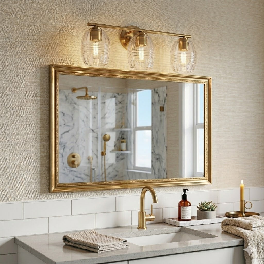 3-Light Bathroom Vanity Light, Satin Brass Wall Sconce With Clear Ribbed Glass Dome Shades, 22 in.