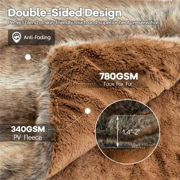 Faux Fur Throw Blanket, 60" x 80" Brown Taupe Fox Fur Blanket With Reversible Fleece Lining