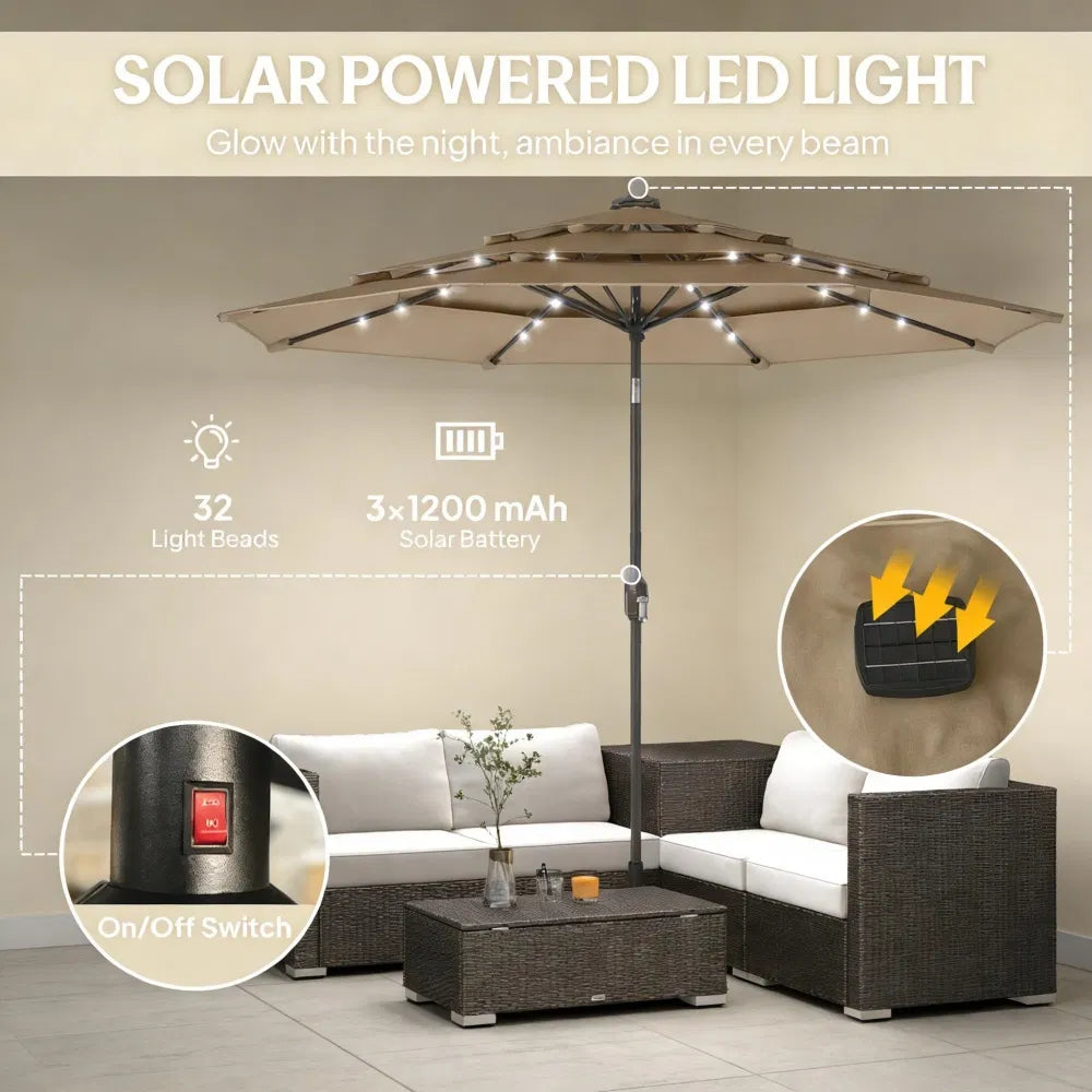 9.7 Ft Patio Umbrella with 32 Solar LED Lights, Khaki Tilting Outdoor Market Umbrella with Crank, Base Not Included